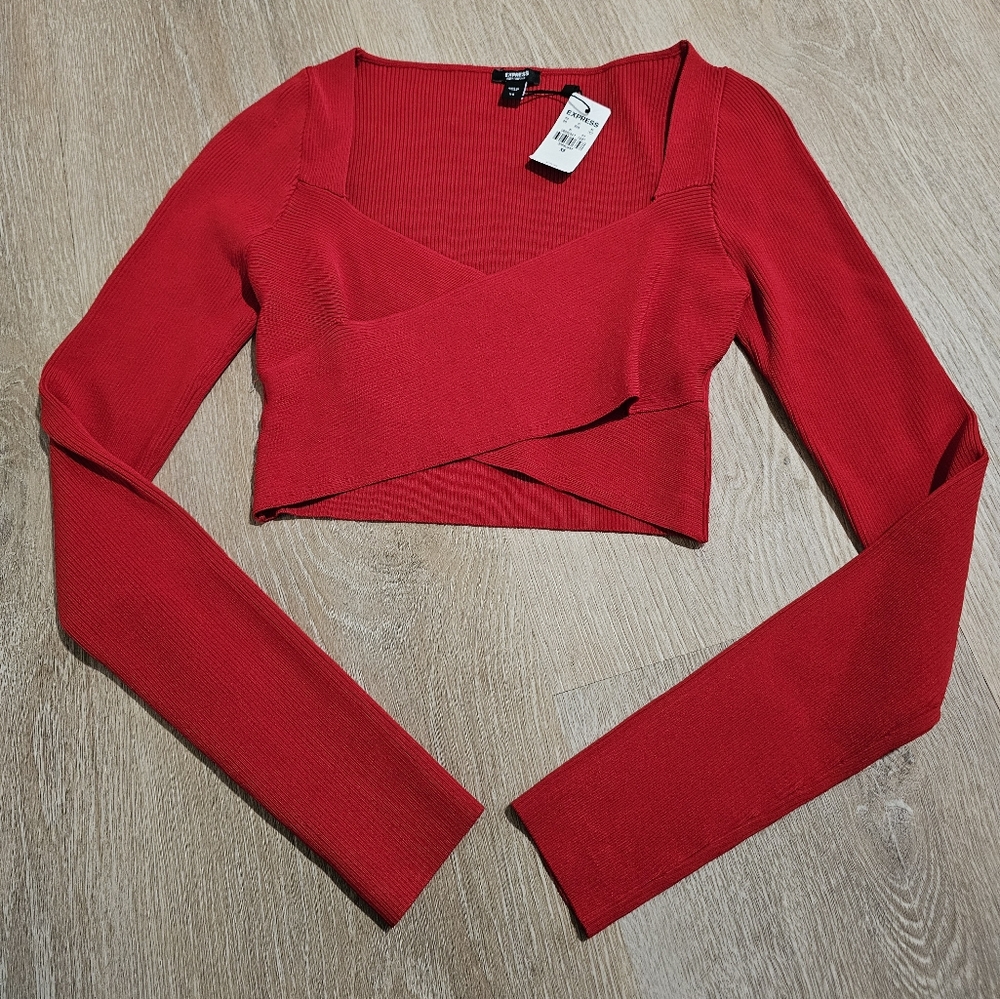 Express Red Long Sleeve Asymmetrical Crop Blouse